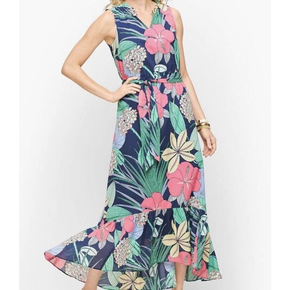 NWT Talbots Hibiscus Tropical Floral Print Midi Maxi Dress Size 4P Blue Pink - Picture 1 of 6